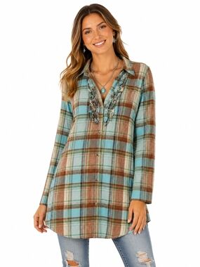 Tasha Polizzi Collection Teal Plaid Ruffle Western Button Down Tunic Flannel
